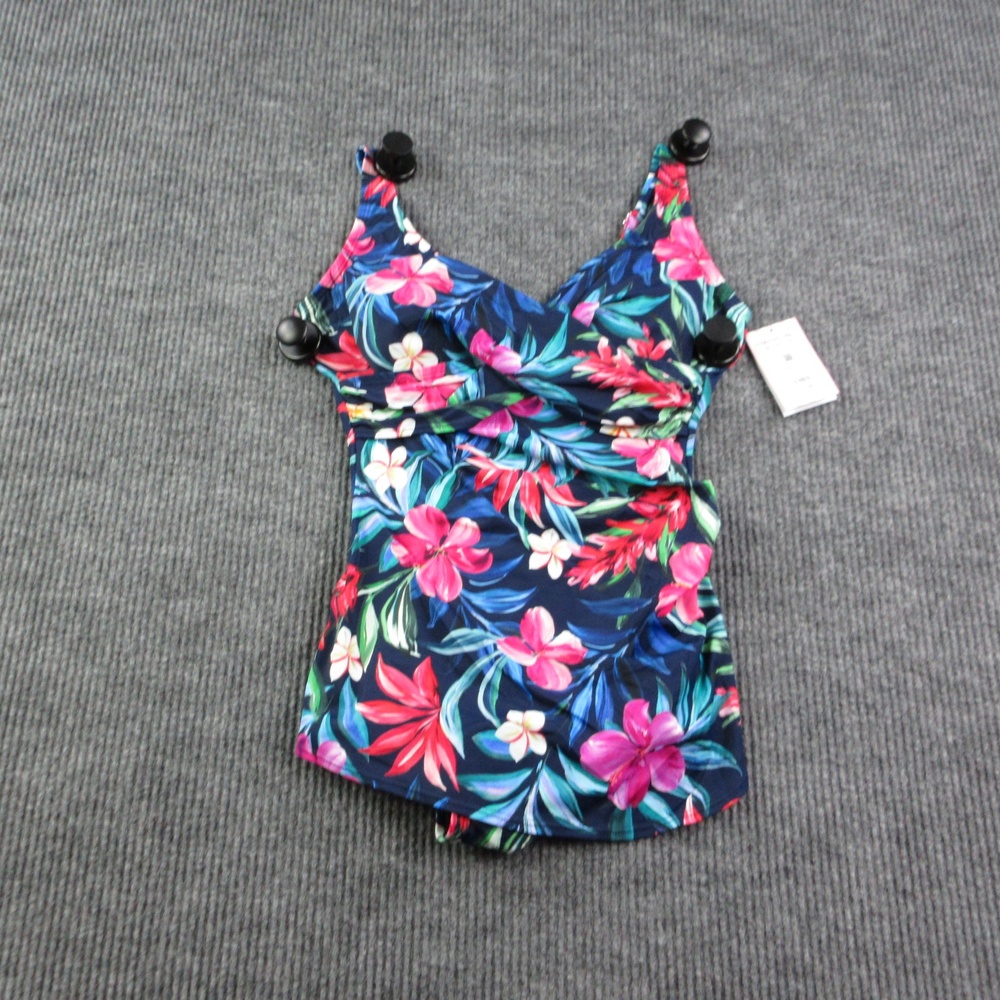 ShapeSolver Swimsuit Womens 14 Blue Floral Crossover Sarong Tummy Control NWT